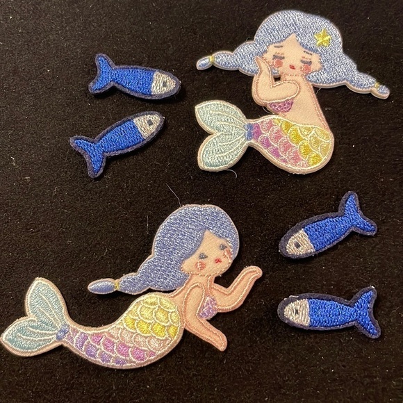 6 Six mermaids ๐ง๐ฟโโ๏ธ and fish ๐ iron on patches - Picture 1 of 1